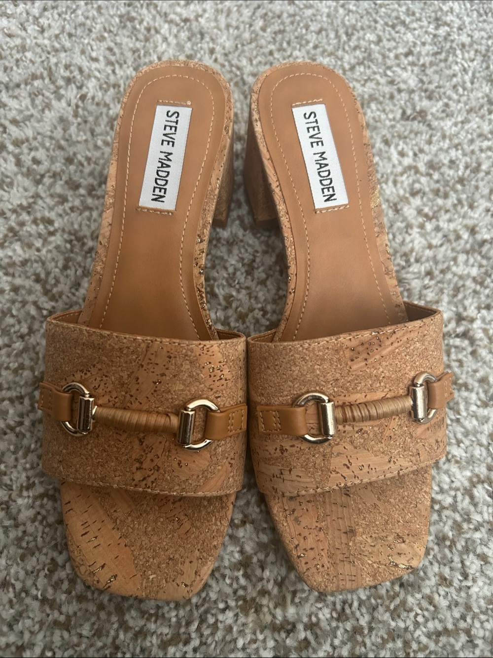 Steve Madden Tan Cork Slide Mules with Gold Accents. New